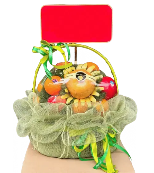 Giỏ trái cây cam, táo, lê nơ xanh lá
