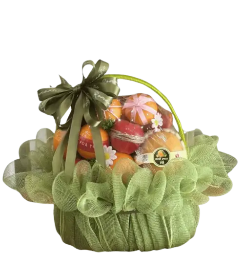 Giỏ trái cây cam, táo, lê Wow Pear nơ xanh rêu Romantic