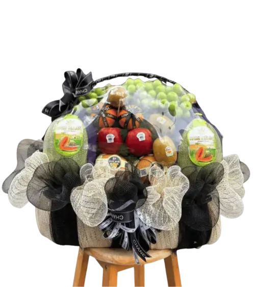 Giỏ trái cây Hami Melon, nho, táo, cam nơ đen Chanel