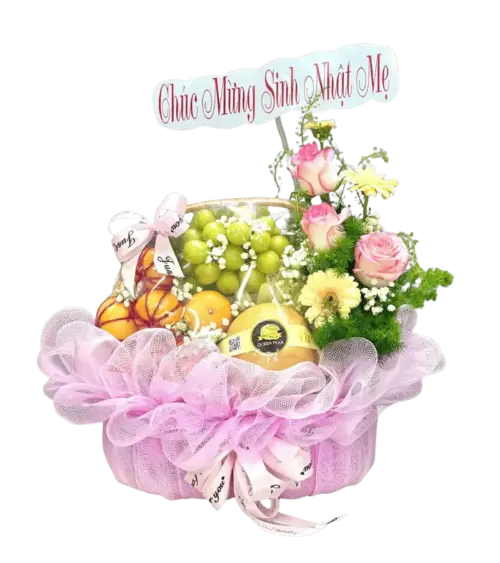 Giỏ trái cây nho, cam, lê phối hoa hồng phấn - Chúc Mừng Sinh Nhật Mẹ