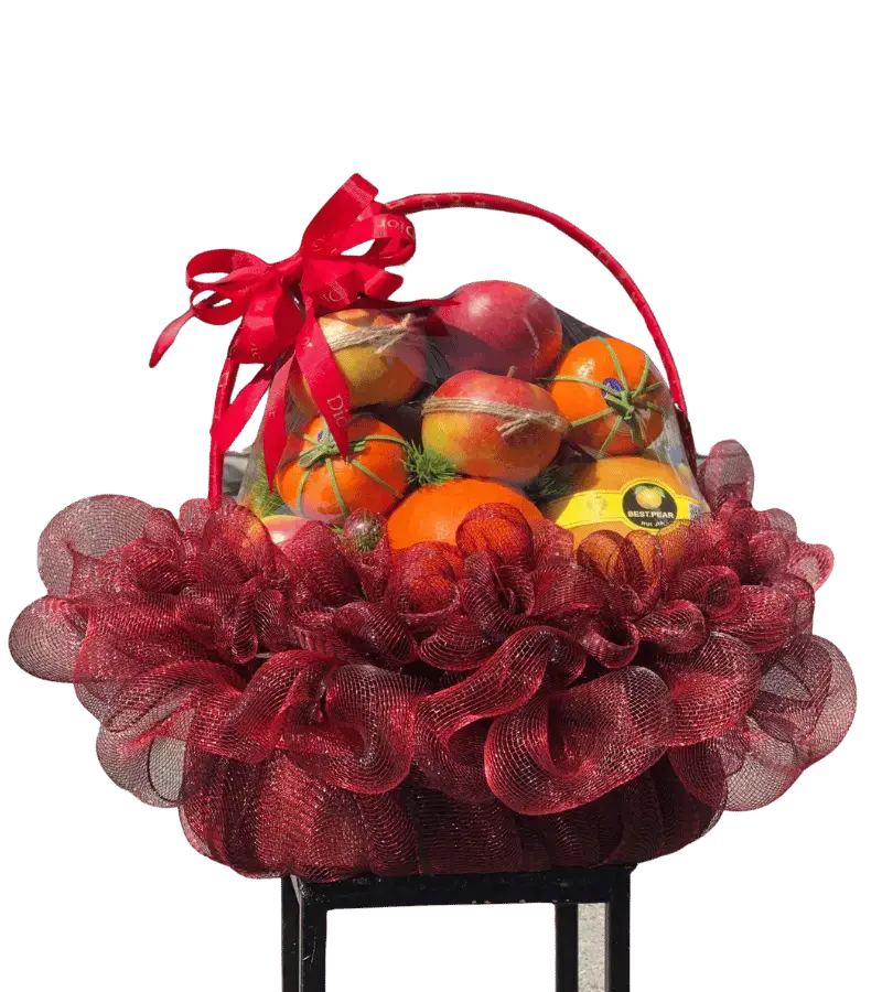 Giỏ trái cây táo, cam, lê Best Pear nơ đỏ Dior