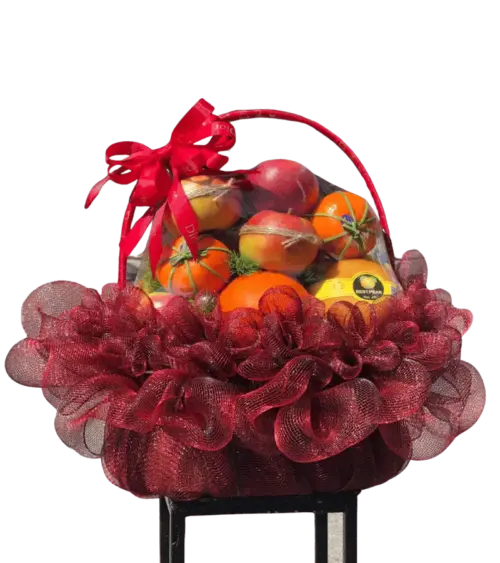 Giỏ trái cây táo, cam, lê Best Pear nơ đỏ Dior