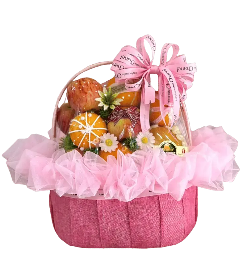 Giỏ trái cây táo, cam nơ hồng Chanel