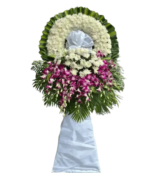 Kệ hoa 2 tầng vòng cúc trắng pom pom phối lan tím than