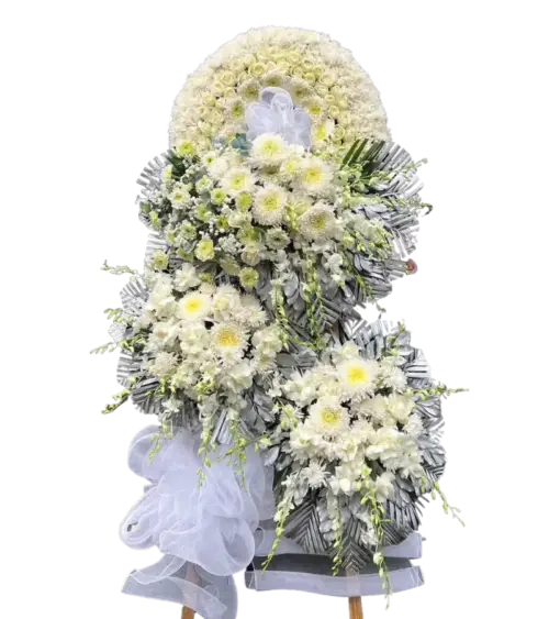 Kệ hoa chia buồn ba tầng hồng trắng cúc trắng và lan trắng