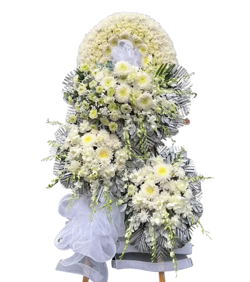 Kệ hoa chia buồn ba tầng hồng trắng cúc trắng và lan trắng