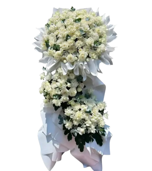Kệ hoa chia buồn ba tầng hồng trắng gói giấy trắng