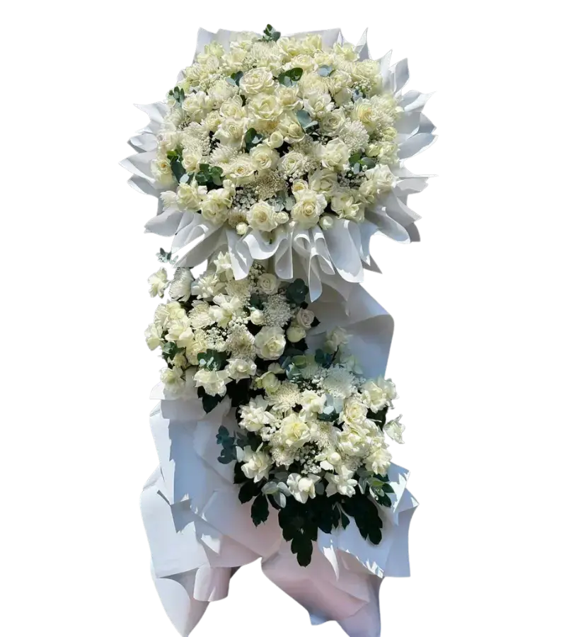 Kệ hoa chia buồn ba tầng hồng trắng gói giấy trắng