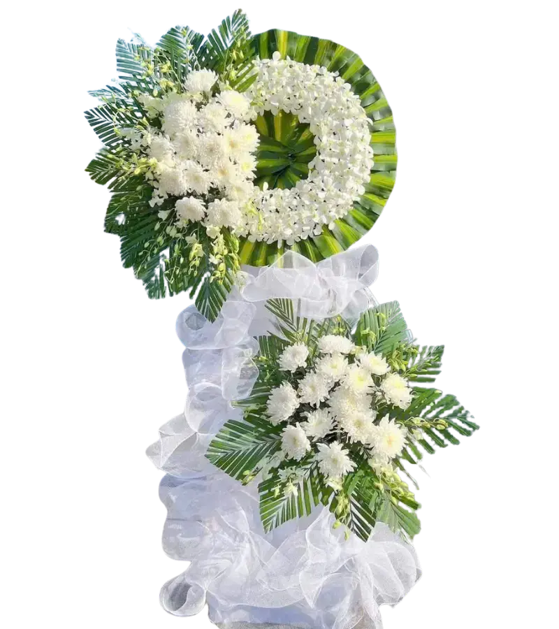 Kệ hoa chia buồn cúc trắng hình xoắn nơ lưới trắng