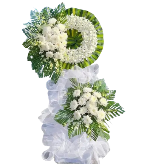 Kệ hoa chia buồn cúc trắng hình xoắn nơ lưới trắng