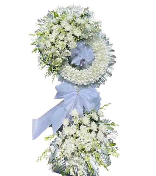 Kệ hoa chia buồn cúc trắng kết hình xoắn hai tầng