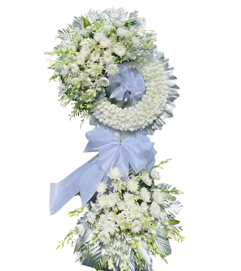 Kệ hoa chia buồn cúc trắng kết hình xoắn hai tầng