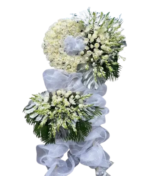 Kệ hoa chia buồn cúc trắng kết hình xoắn nơ lưới trắng