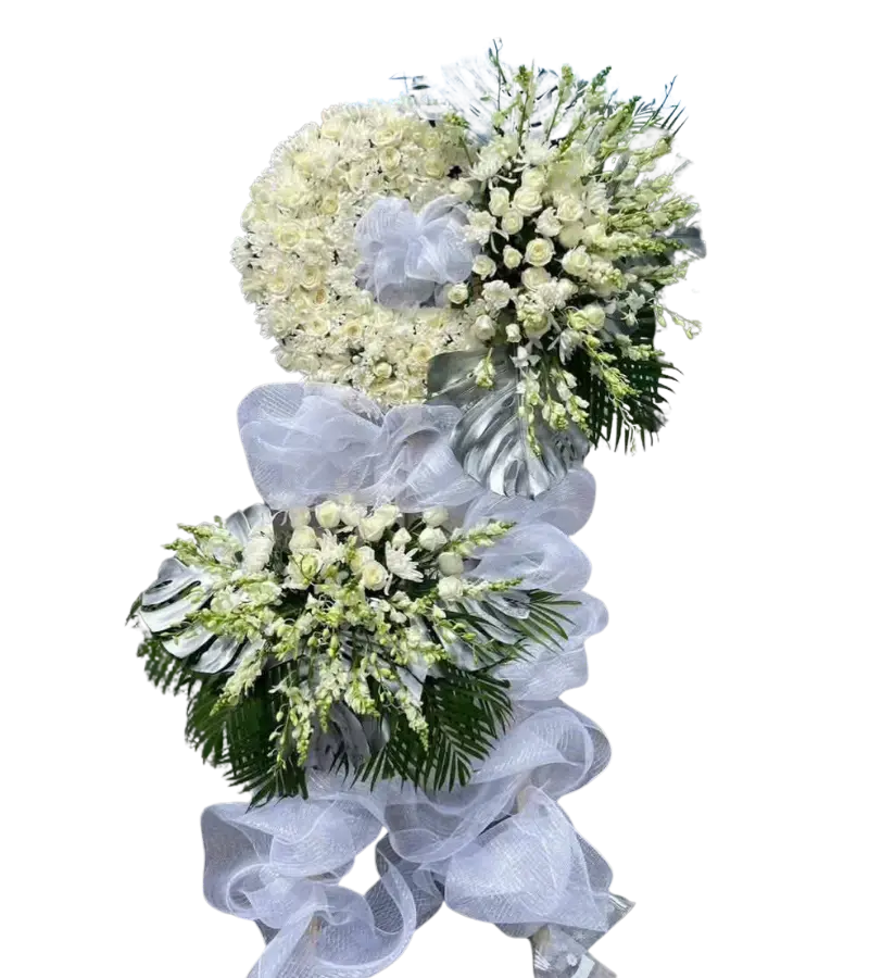 Kệ hoa chia buồn cúc trắng kết hình xoắn nơ lưới trắng
