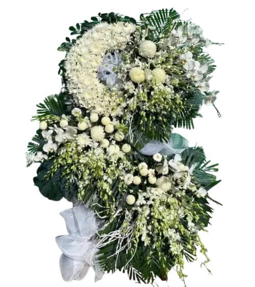 Kệ hoa chia buồn cúc trắng lan trắng và nhân hoa đen