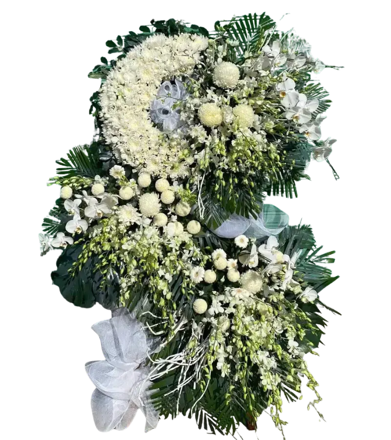 Kệ hoa chia buồn cúc trắng lan trắng và nhân hoa đen