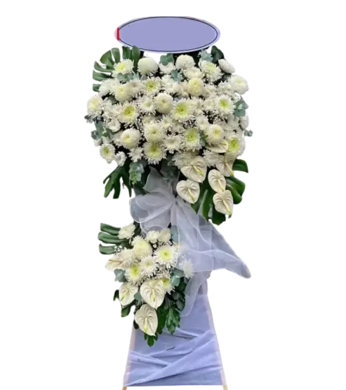 Kệ hoa chia buồn cúc trắng nơ lụa trắng
