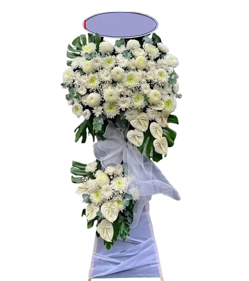 Kệ hoa chia buồn cúc trắng nơ lụa trắng