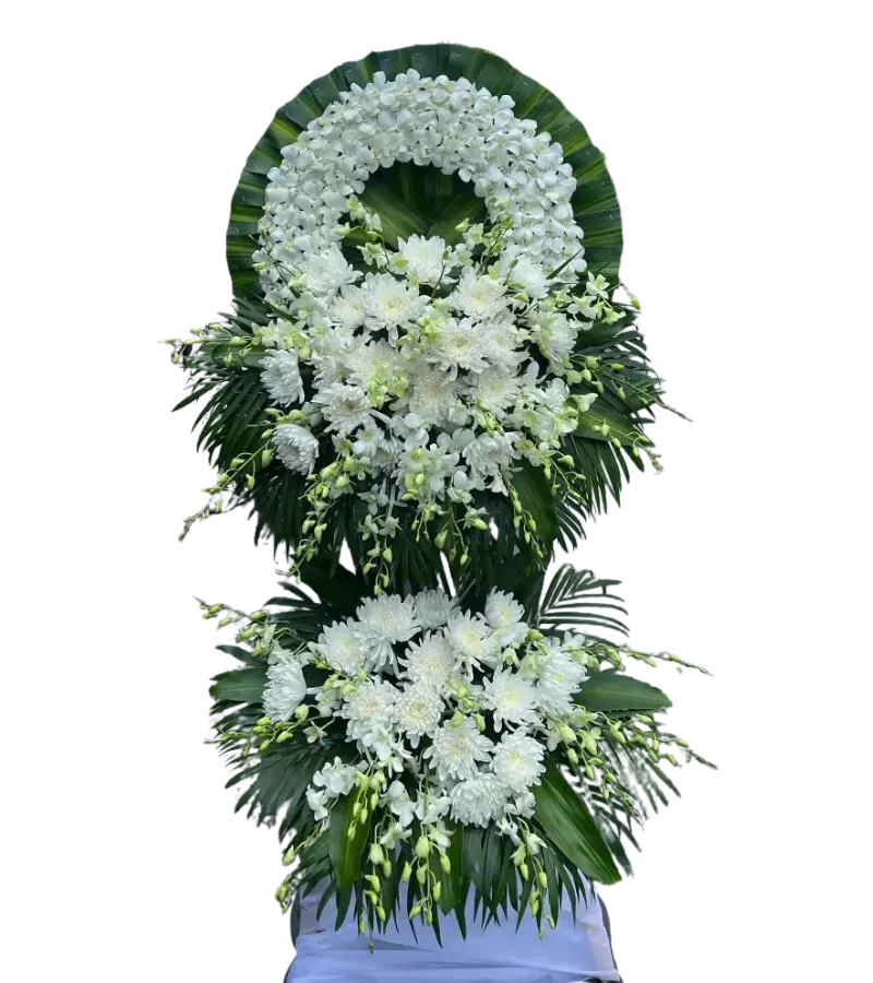 Kệ hoa chia buồn cúc trắng và lan trắng hai tầng
