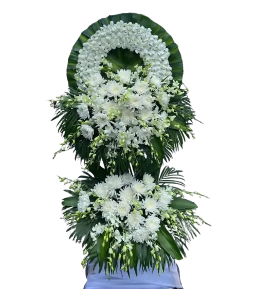 Kệ hoa chia buồn cúc trắng và lan trắng hai tầng