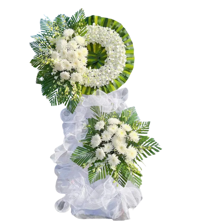Kệ hoa chia buồn cúc trắng vòng tròn nơ voan trắng
