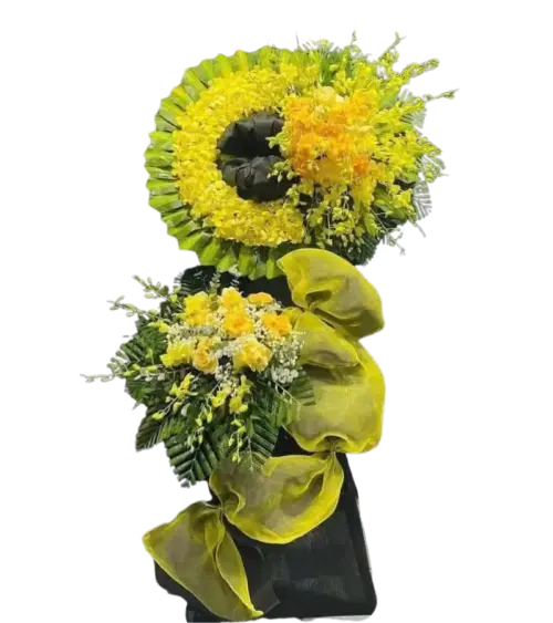 Kệ hoa chia buồn cúc vàng lan vàng nơ lưới vàng