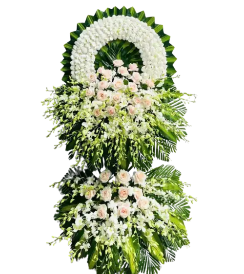Kệ hoa chia buồn hồng kem và lan trắng hai tầng