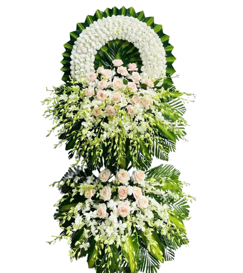 Kệ hoa chia buồn hồng kem và lan trắng hai tầng