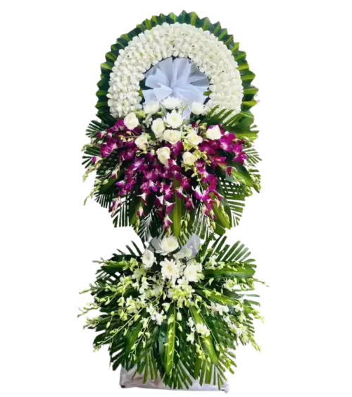 Kệ hoa chia buồn hồng trắng điểm lan tím