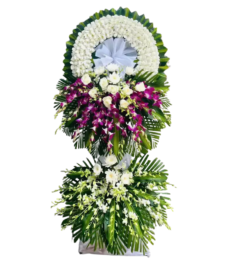 Kệ hoa chia buồn hồng trắng điểm lan tím