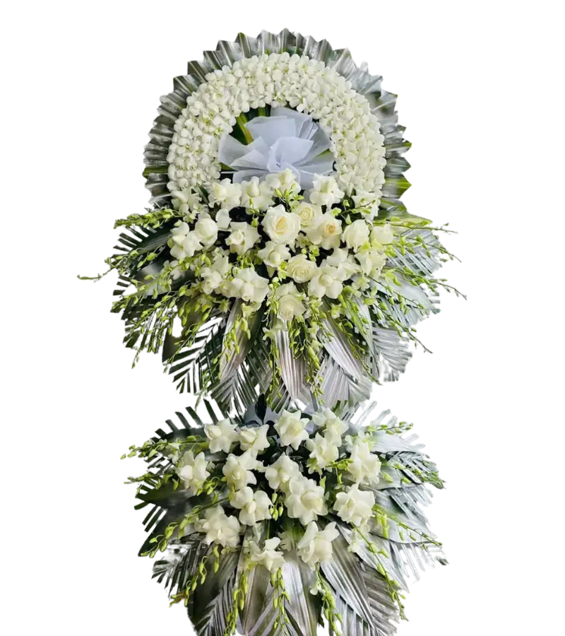 Kệ hoa chia buồn hồng trắng hồng kem điểm hồng vàng