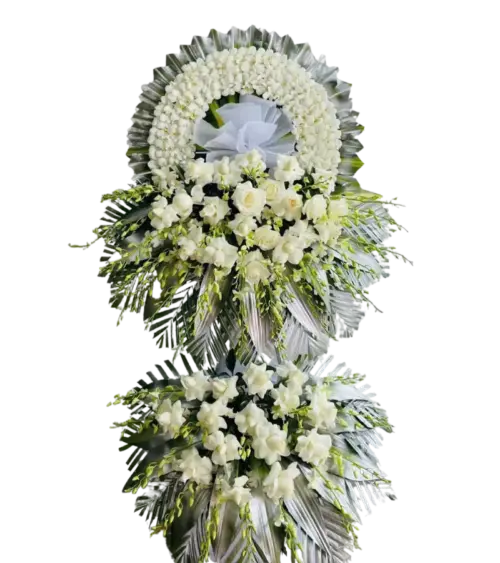 Kệ hoa chia buồn hồng trắng hồng kem điểm hồng vàng