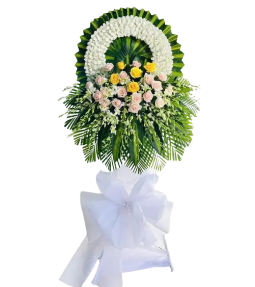 Kệ hoa chia buồn hồng trắng và lan trắng nơ trắng lớn