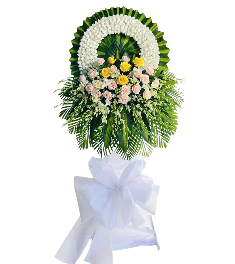 Kệ hoa chia buồn hồng trắng và lan trắng nơ trắng lớn