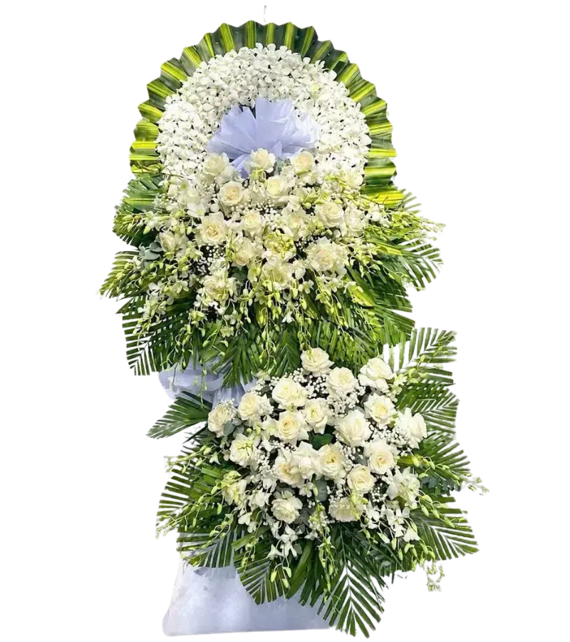 Kệ hoa chia buồn hồng trắng viền lan trắng