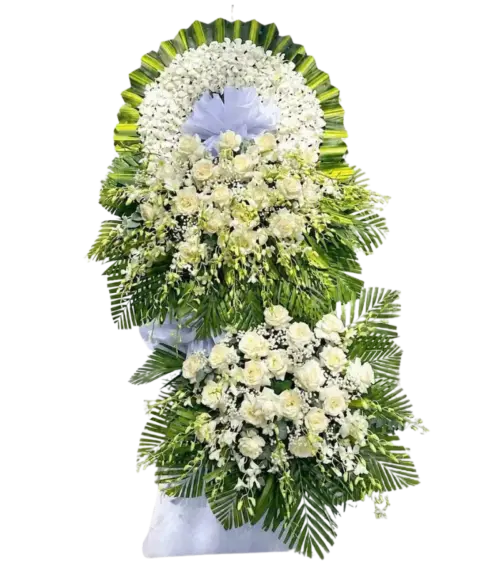 Kệ hoa chia buồn hồng trắng viền lan trắng