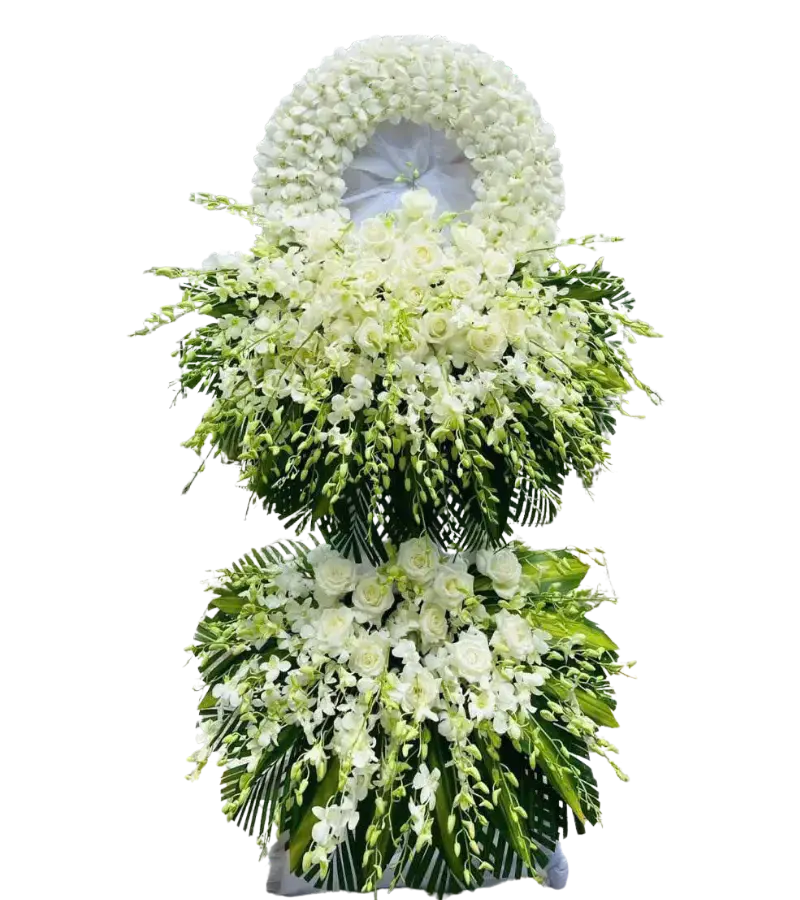 Kệ hoa chia buồn lan trắng kết vòng tròn