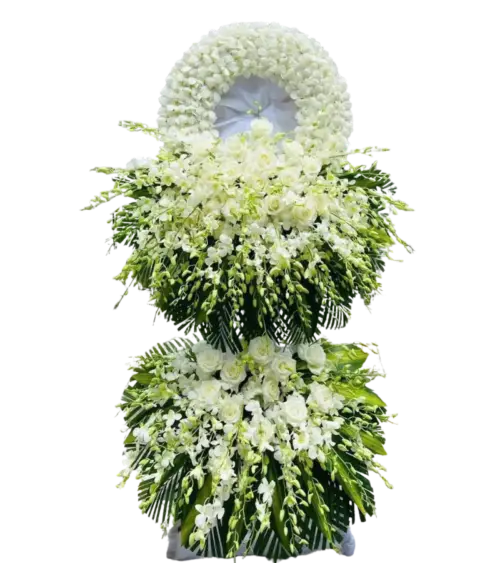 Kệ hoa chia buồn lan trắng kết vòng tròn