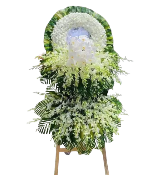 Kệ hoa chia buồn lan trắng viền lá xanh chân gỗ