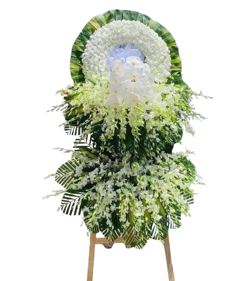 Kệ hoa chia buồn lan trắng viền lá xanh chân gỗ