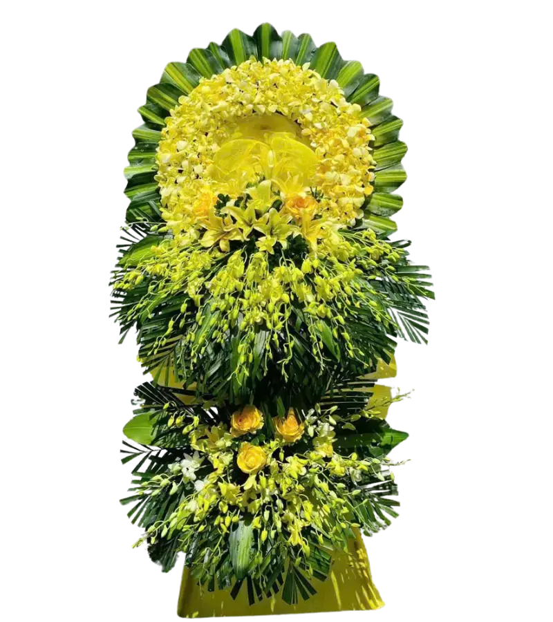 Kệ hoa chia buồn lan vàng và hồng vàng hai tầng