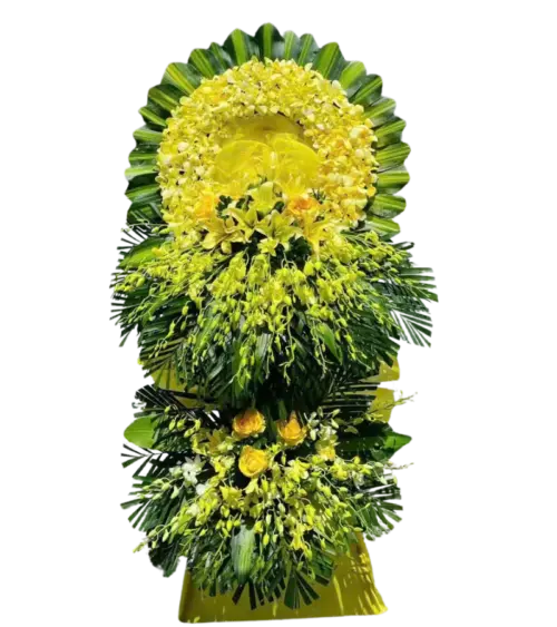 Kệ hoa chia buồn lan vàng và hồng vàng hai tầng