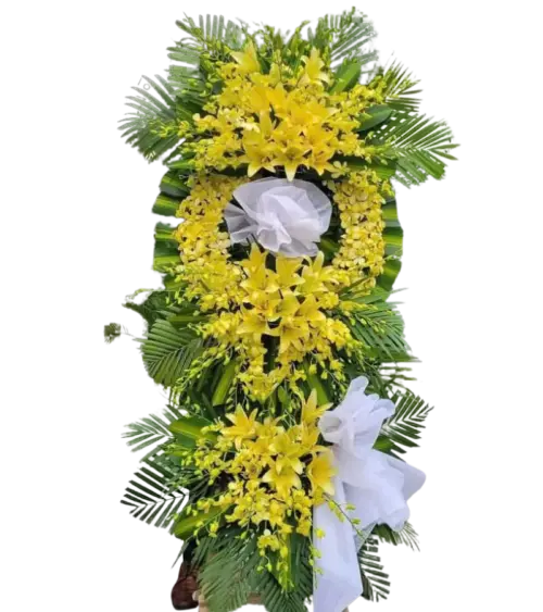Kệ hoa chia buồn ly vàng kết vòng tròn nơ trắng