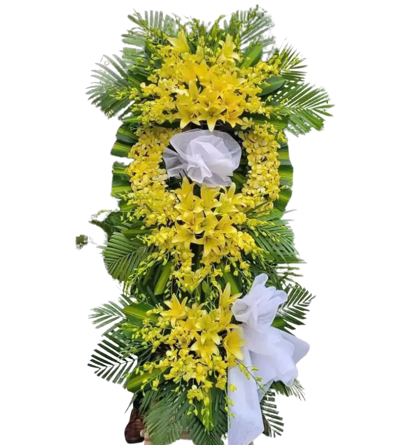 Kệ hoa chia buồn ly vàng kết vòng tròn nơ trắng