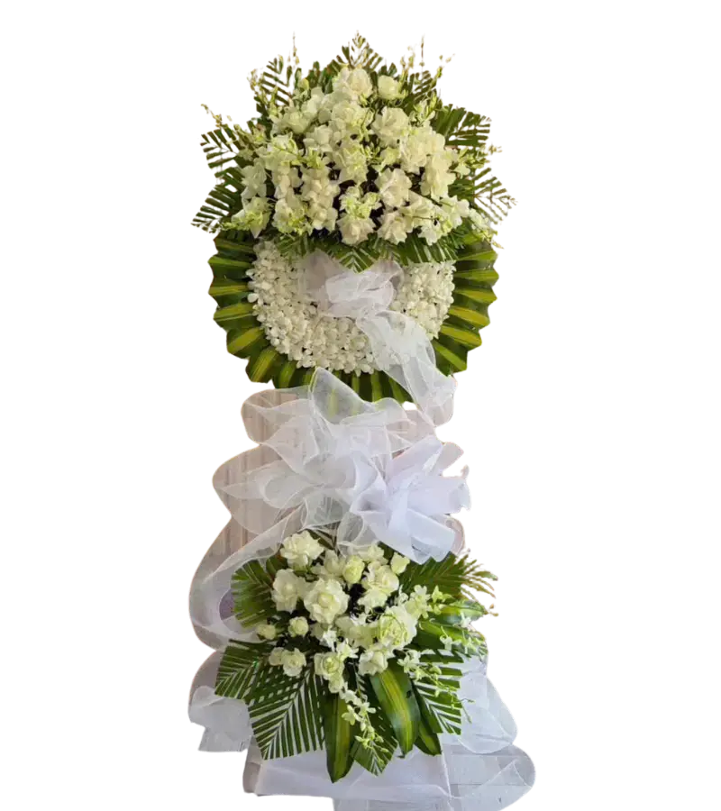 Kệ hoa chia buồn trắng xanh nhạt nơ lụa trắng