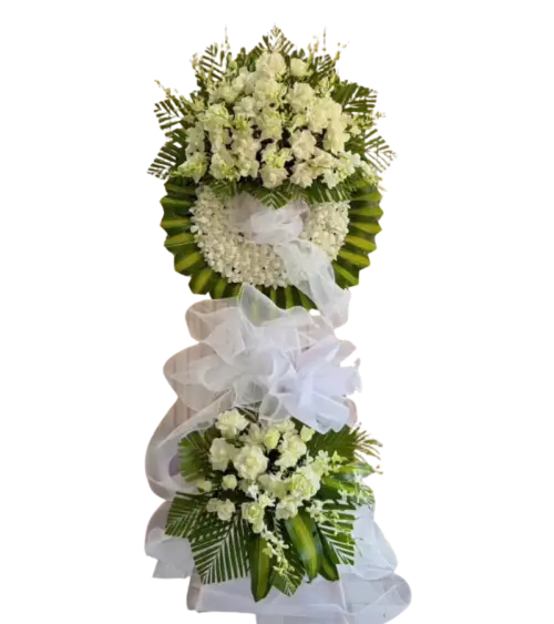 Kệ hoa chia buồn trắng xanh nhạt nơ lụa trắng