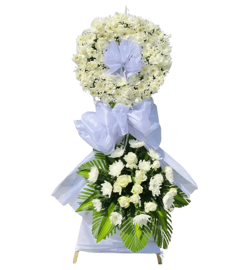 Kệ hoa đứng chân gỗ vòng hoa trắng phối hồng trắng cúc đại đóa