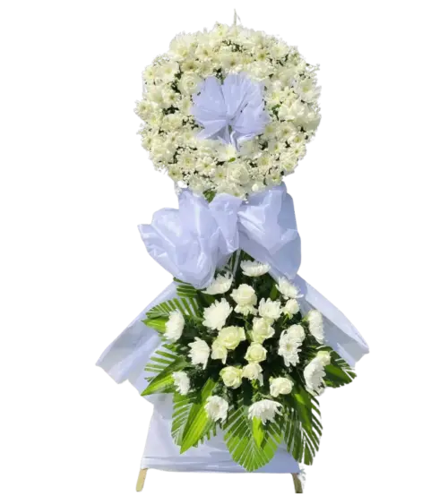 Kệ hoa đứng chân gỗ vòng hoa trắng phối hồng trắng cúc đại đóa
