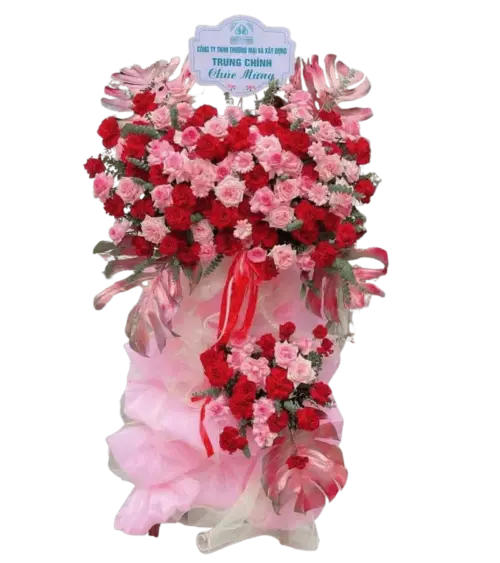 Kệ hoa khai trương đỏ hồng phối cẩm chướng kèm bảng chữ