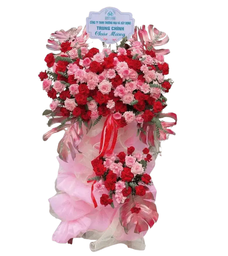 Kệ hoa khai trương đỏ hồng phối cẩm chướng kèm bảng chữ